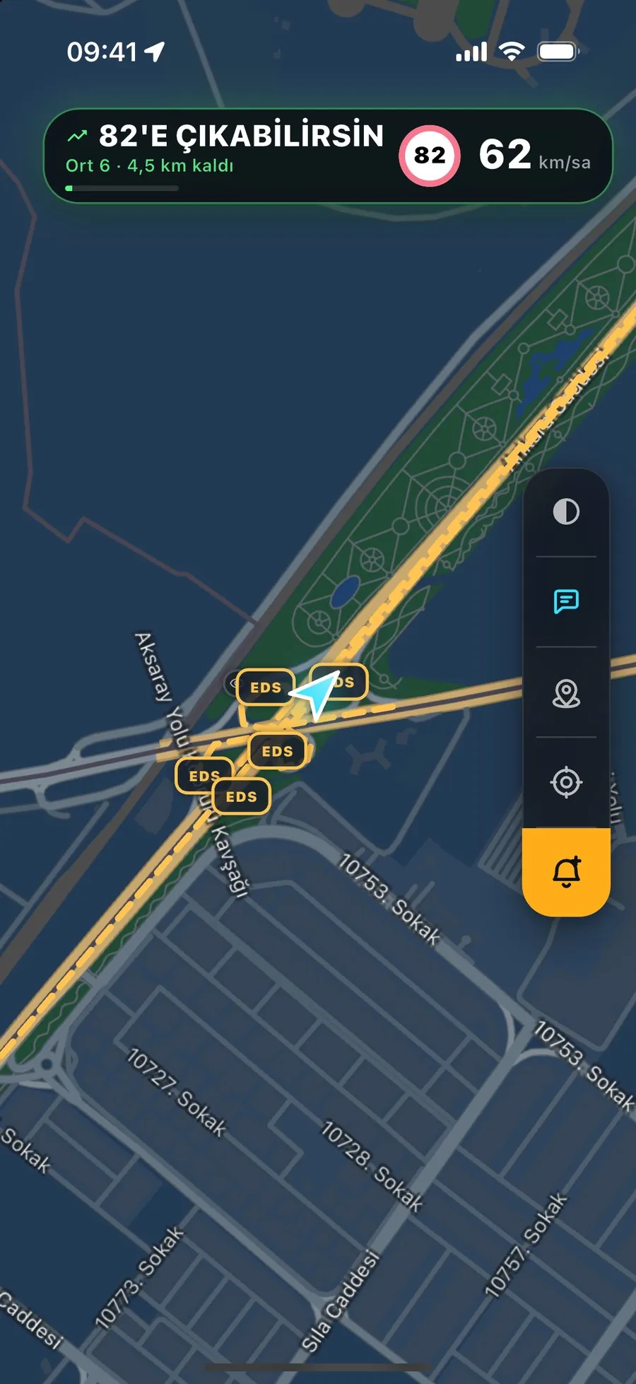 Kuzey Maps showing the map with EDS gates and a speed panel inside an average-speed corridor.
