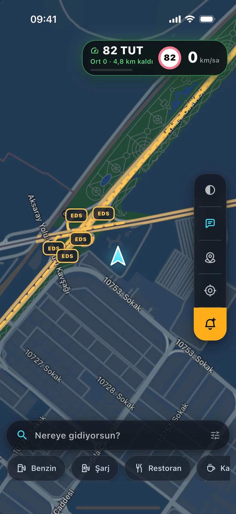 Kuzey Maps shows the map with EDS gates, the search box and nearby places.