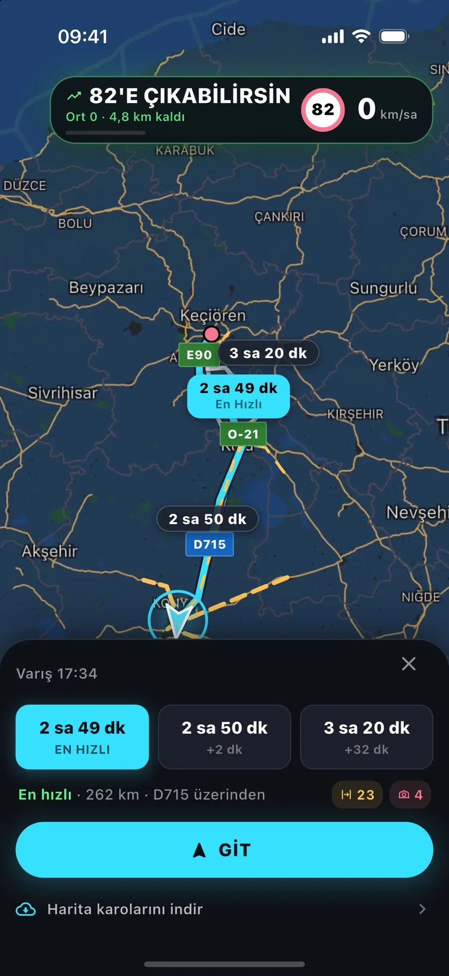 Kuzey Maps shows three alternative routes with travel time, distance and the number of EDS corridors.