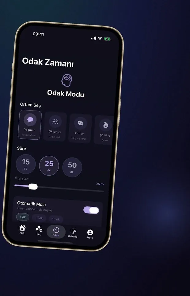 Nöra odak zamanlayıcısını ve arka plan sesi seçeneklerini gösteriyor.
